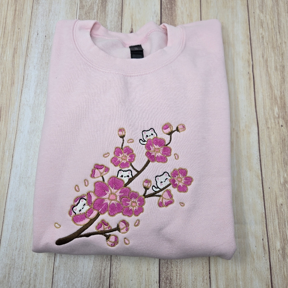 Cherry Blossom and Cats Embroidered Sweater Size M